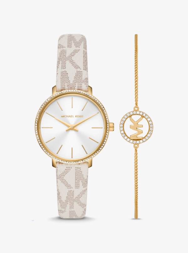 Damske Gold-tone Hodinky Michael Kors Pyper Logo and and Bracelet Set Biele Žlté - Hodinky Michael Kors Lacne | HRCOX-0427